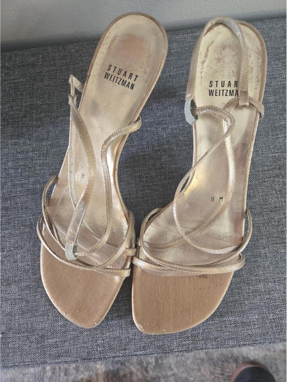 Vintage Stuart Weitzman Gold Metallic Strappy Heeled Sandals Size 8 Used